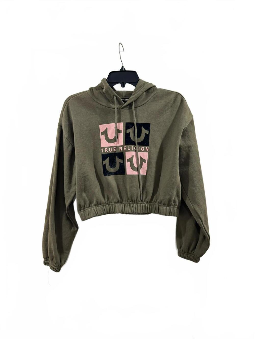 True Religion Army Green Cropped Hoodie Sweatshirt Y2K Streetwear Logo Small